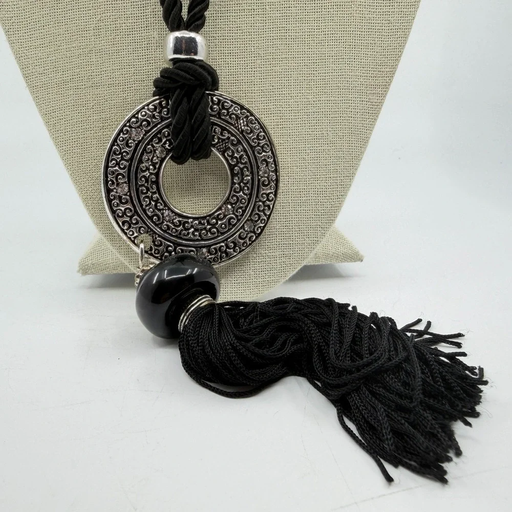 Necklace Vintage Black Cord Tassel Silver Tone Rhinestone Circle Pendant Boho